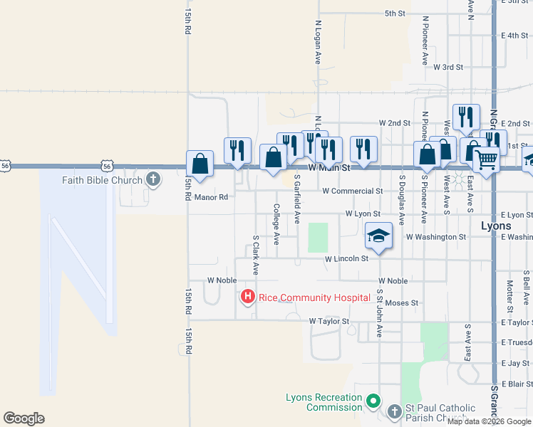 map of restaurants, bars, coffee shops, grocery stores, and more near 1049 W Lyon St in Lyons