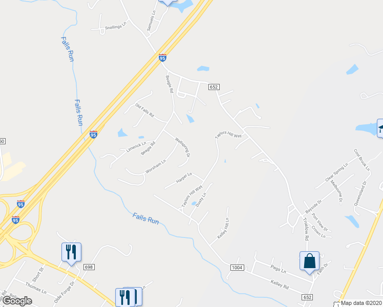 map of restaurants, bars, coffee shops, grocery stores, and more near 51 Wellspring Drive in Fredericksburg