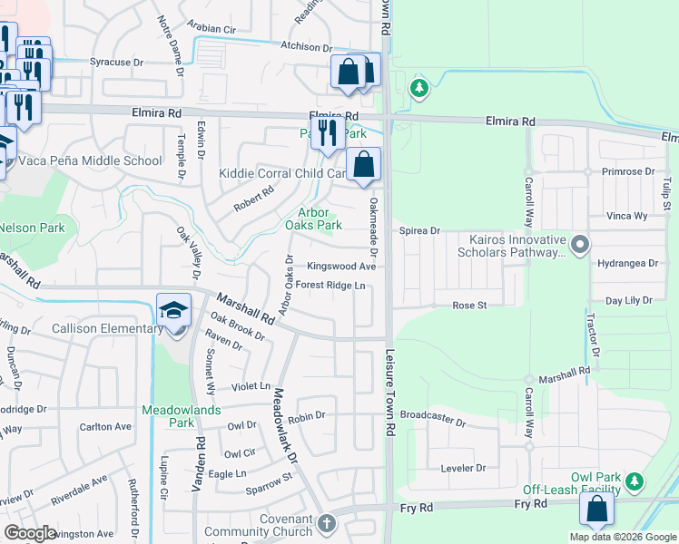 map of restaurants, bars, coffee shops, grocery stores, and more near 149 Kingswood Avenue in Vacaville