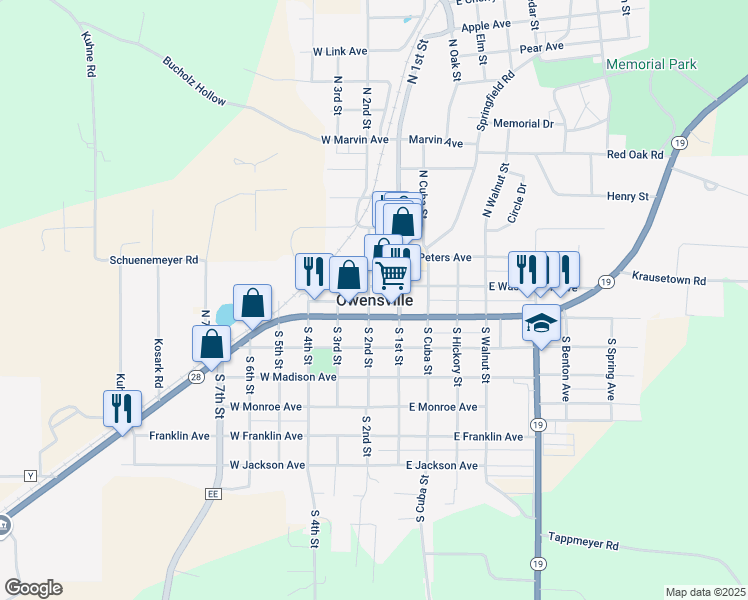 map of restaurants, bars, coffee shops, grocery stores, and more near in Owensville