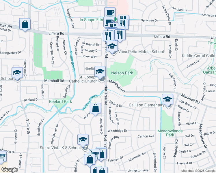 map of restaurants, bars, coffee shops, grocery stores, and more near in Vacaville