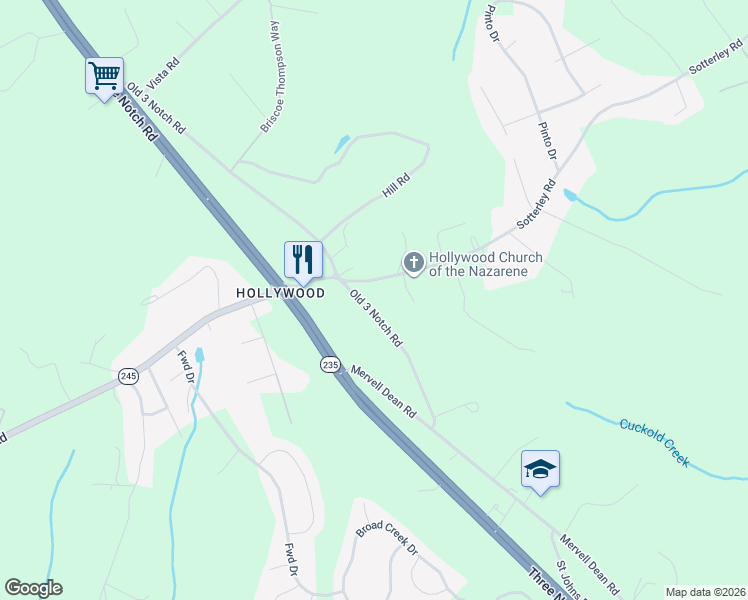 map of restaurants, bars, coffee shops, grocery stores, and more near 24676 Old 3 Notch Road in Hollywood