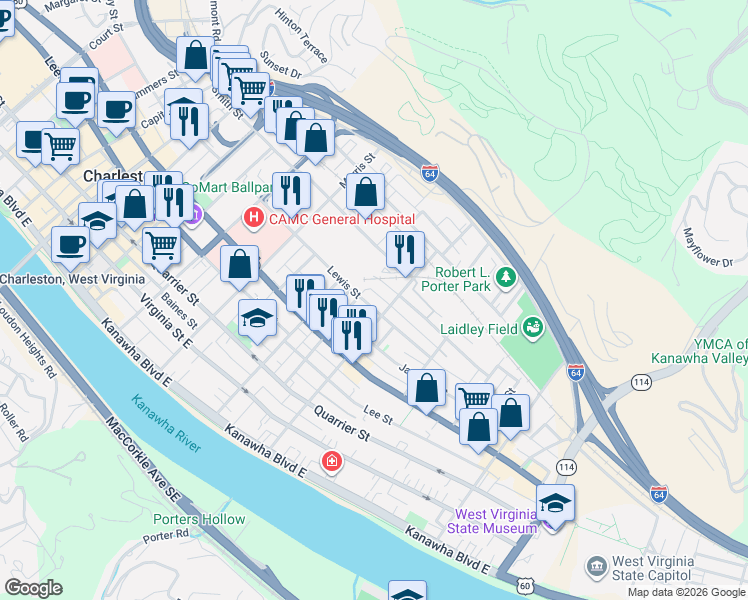 map of restaurants, bars, coffee shops, grocery stores, and more near 1422 Lewis Street in Charleston
