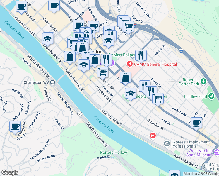 map of restaurants, bars, coffee shops, grocery stores, and more near 1205 Quarrier Street in Charleston