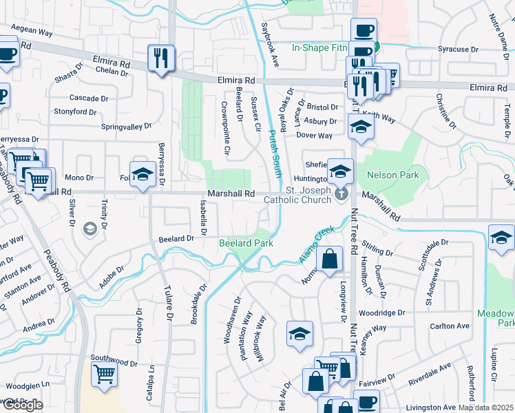 map of restaurants, bars, coffee shops, grocery stores, and more near 1024 Amber Ridge Lane in Vacaville