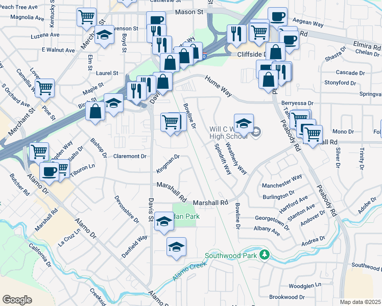 map of restaurants, bars, coffee shops, grocery stores, and more near 814 Kingman Drive in Vacaville