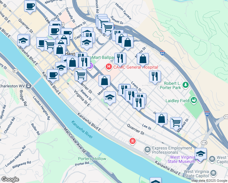 map of restaurants, bars, coffee shops, grocery stores, and more near 1300-1318 Washington Court in Charleston