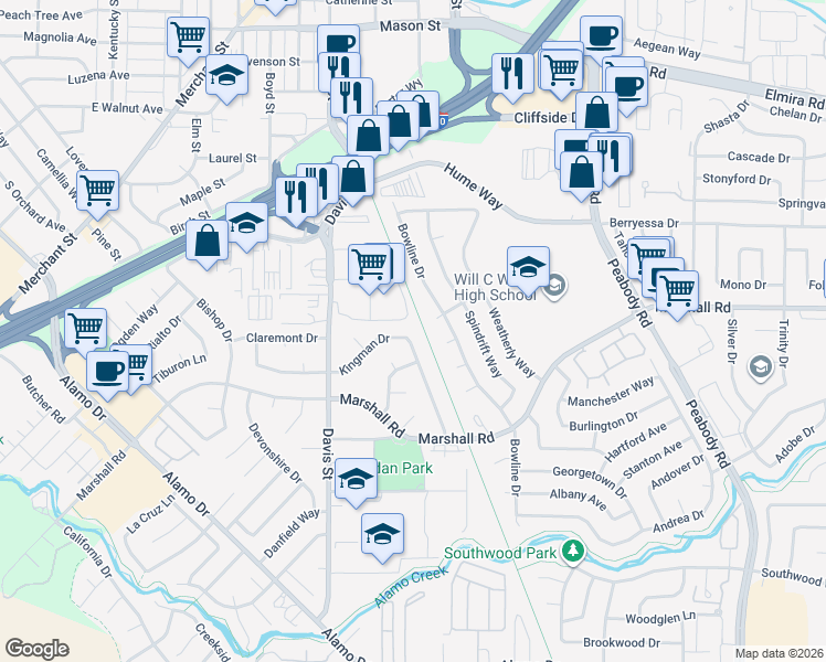 map of restaurants, bars, coffee shops, grocery stores, and more near 814 Kingman Drive in Vacaville
