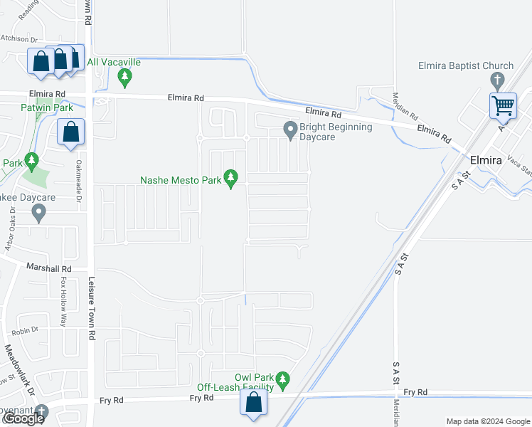 map of restaurants, bars, coffee shops, grocery stores, and more near 725 Hydrangea Drive in Vacaville