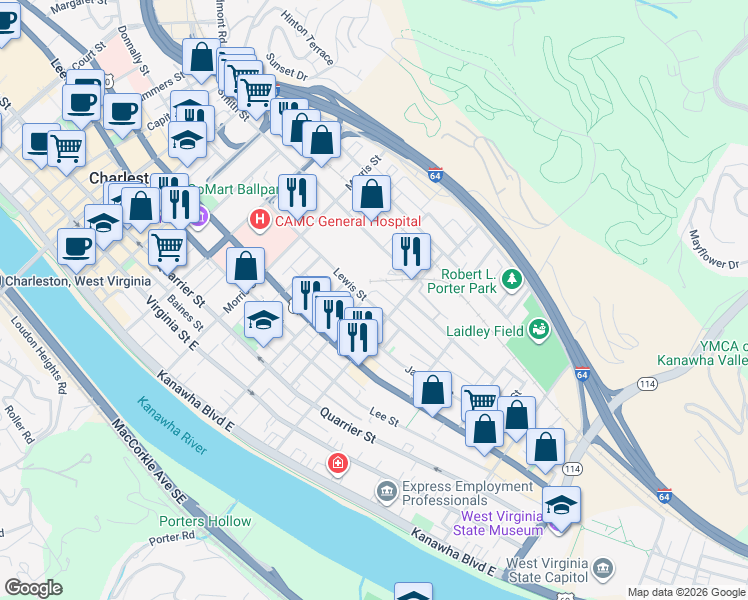 map of restaurants, bars, coffee shops, grocery stores, and more near 1410 Lewis Street in Charleston