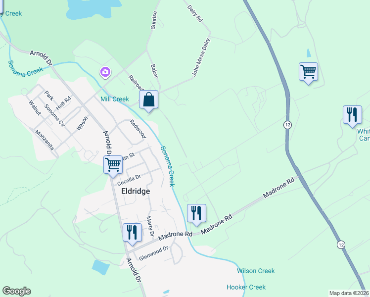 map of restaurants, bars, coffee shops, grocery stores, and more near 15083 Trestle Glen Drive in Glen Ellen