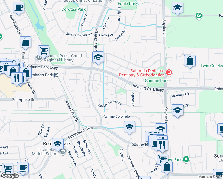map of restaurants, bars, coffee shops, grocery stores, and more near 6433 Meadow Pines Avenue in Rohnert Park