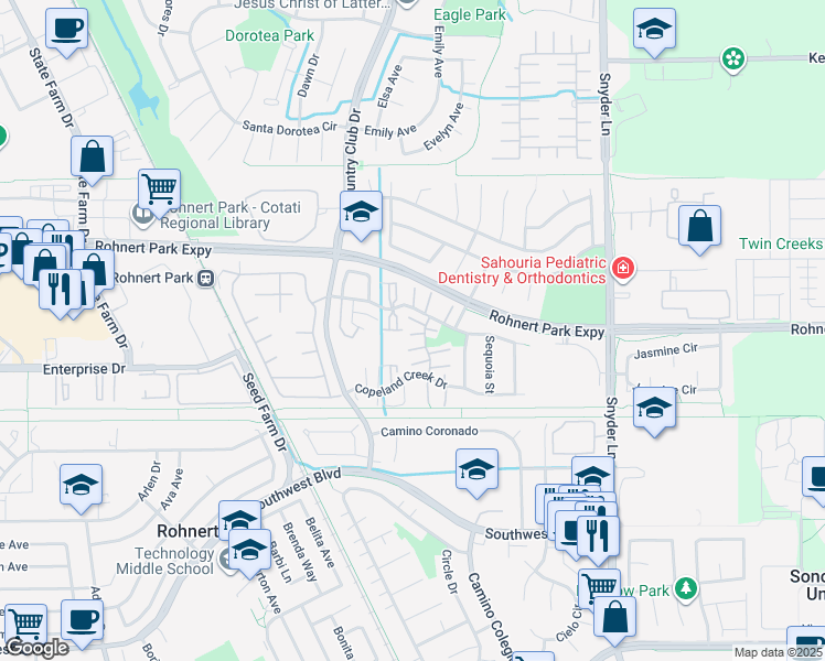 map of restaurants, bars, coffee shops, grocery stores, and more near 6431 Meadow Pines Avenue in Rohnert Park