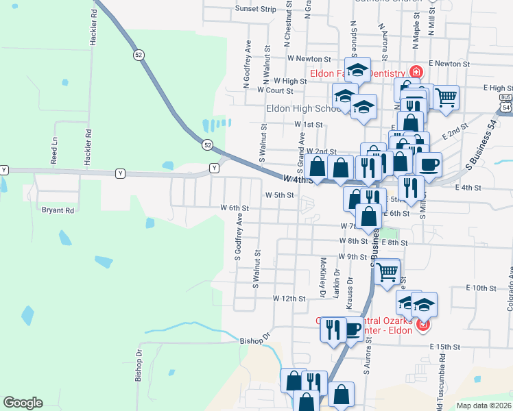 map of restaurants, bars, coffee shops, grocery stores, and more near 505 South Walnut Street in Eldon