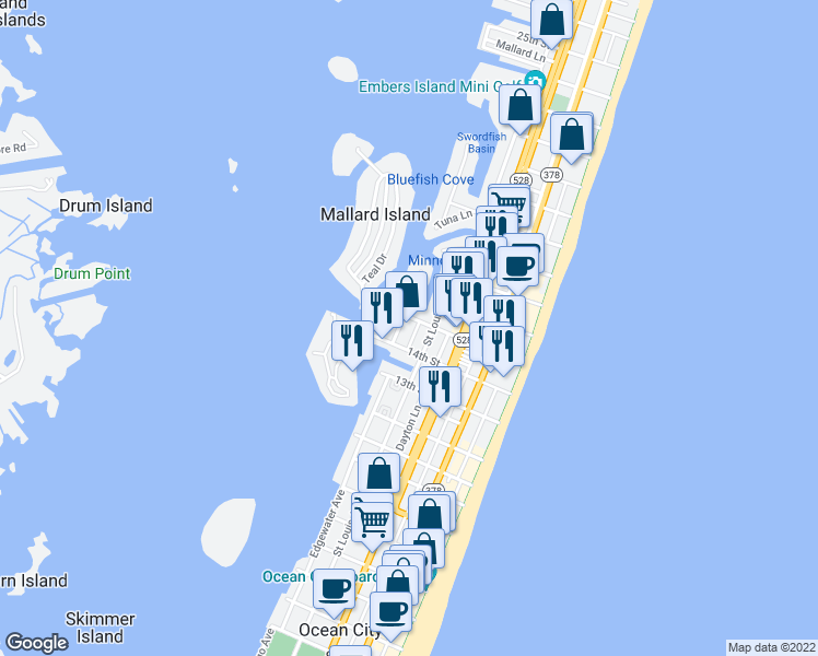 map of restaurants, bars, coffee shops, grocery stores, and more near 5 15th Street in Ocean City