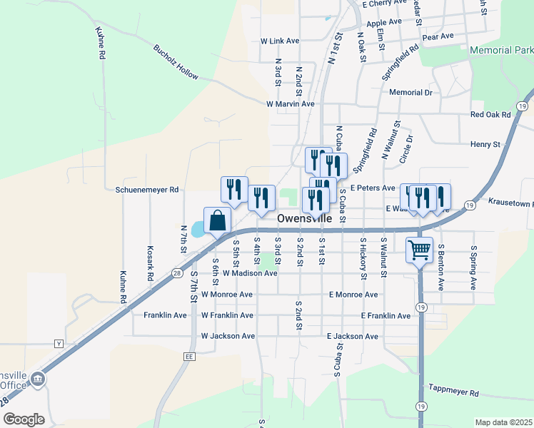 map of restaurants, bars, coffee shops, grocery stores, and more near 311 Highway 28 in Owensville