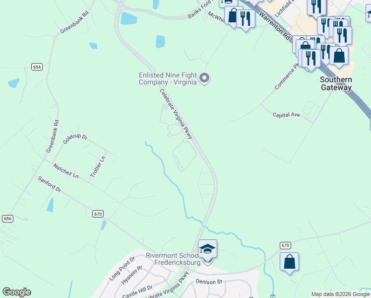 map of restaurants, bars, coffee shops, grocery stores, and more near 2530 Celebrate Virginia Parkway in Fredericksburg