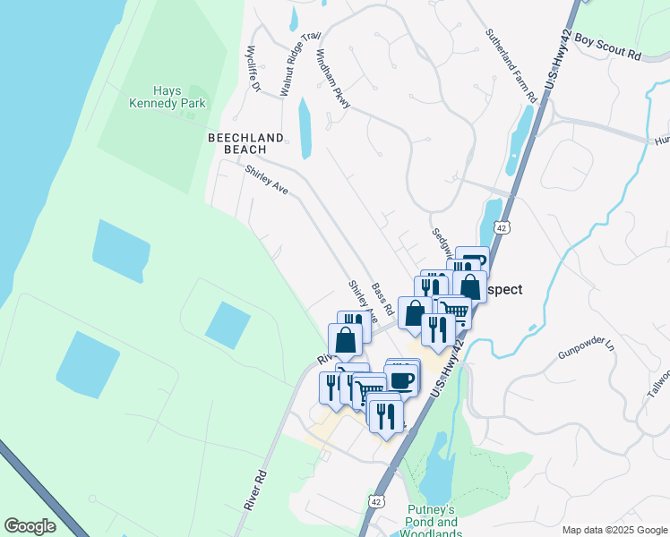 map of restaurants, bars, coffee shops, grocery stores, and more near 6610 Shirley Avenue in Prospect