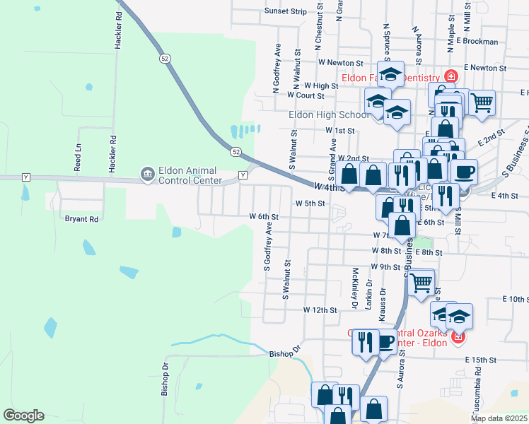 map of restaurants, bars, coffee shops, grocery stores, and more near 507 South Godfrey Avenue in Eldon