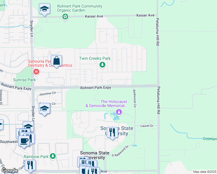 map of restaurants, bars, coffee shops, grocery stores, and more near 7404 Rohnert Park Expressway in Rohnert Park