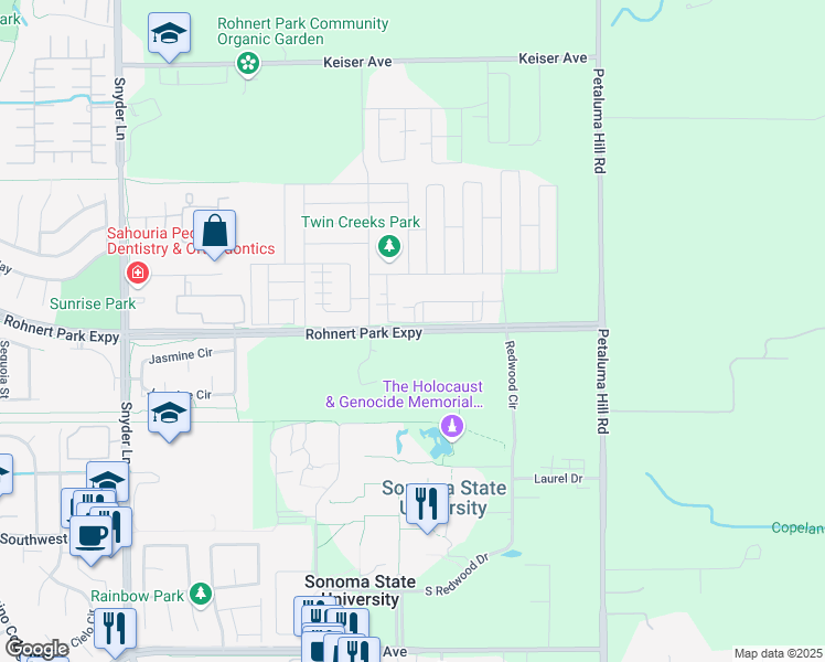 map of restaurants, bars, coffee shops, grocery stores, and more near 7206 Rohnert Park Expressway in Rohnert Park