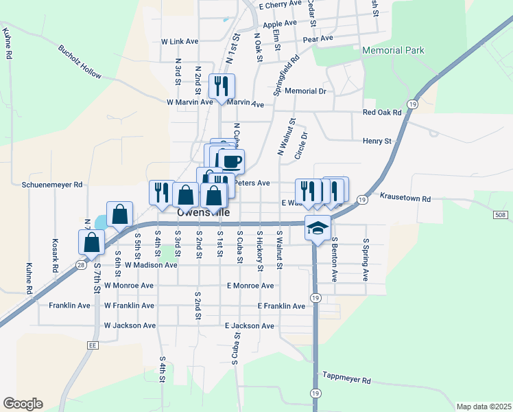 map of restaurants, bars, coffee shops, grocery stores, and more near 212 East Washington Avenue in Owensville