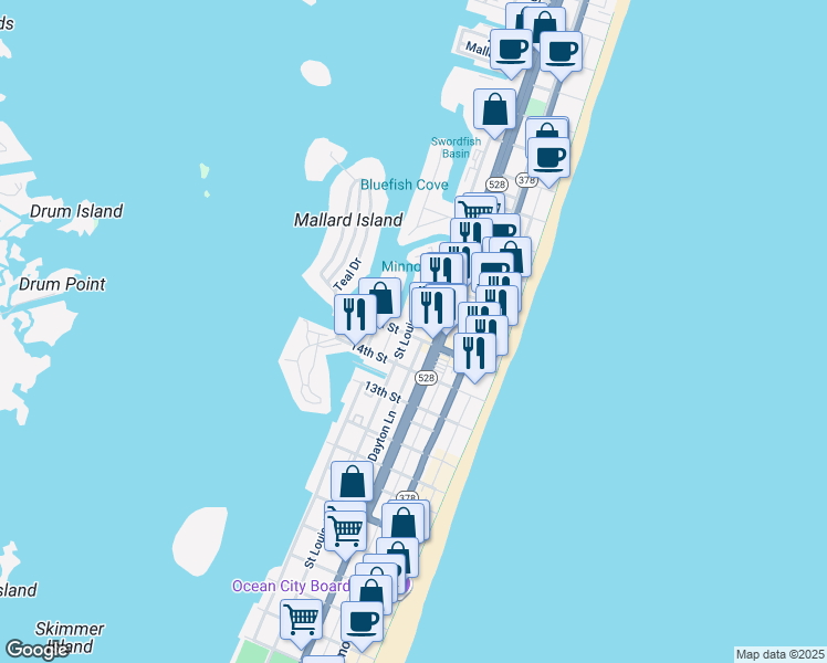map of restaurants, bars, coffee shops, grocery stores, and more near 210 15th Street in Ocean City