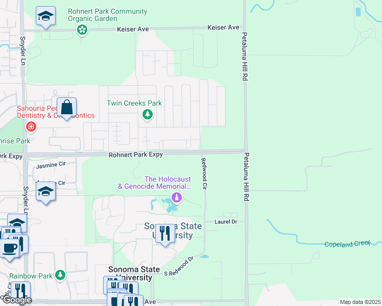 map of restaurants, bars, coffee shops, grocery stores, and more near 7415 Rohnert Park Expressway in Rohnert Park