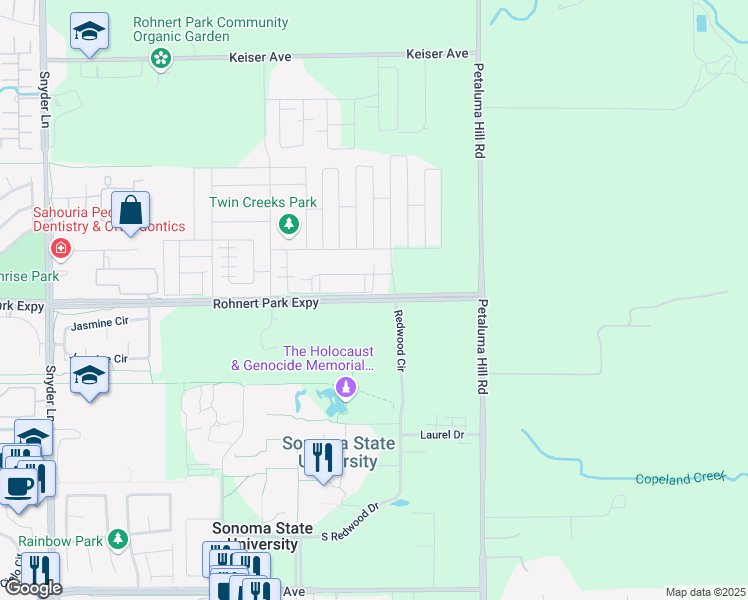 map of restaurants, bars, coffee shops, grocery stores, and more near 7303 Rohnert Park Expressway in Rohnert Park