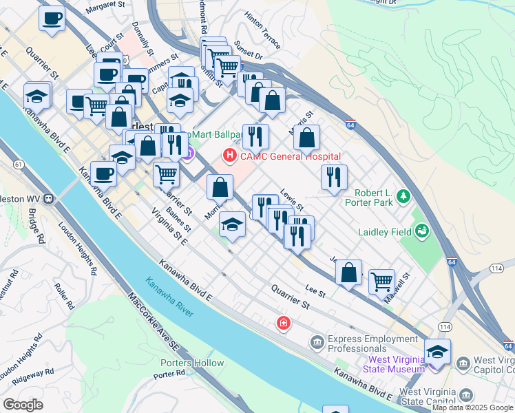 map of restaurants, bars, coffee shops, grocery stores, and more near 1318 Washington Court in Charleston