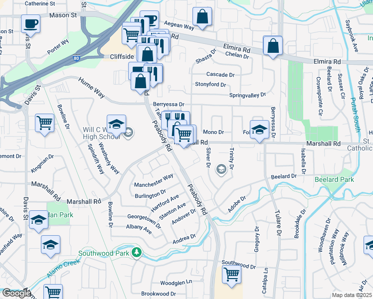 map of restaurants, bars, coffee shops, grocery stores, and more near 521 Peabody Road in Vacaville