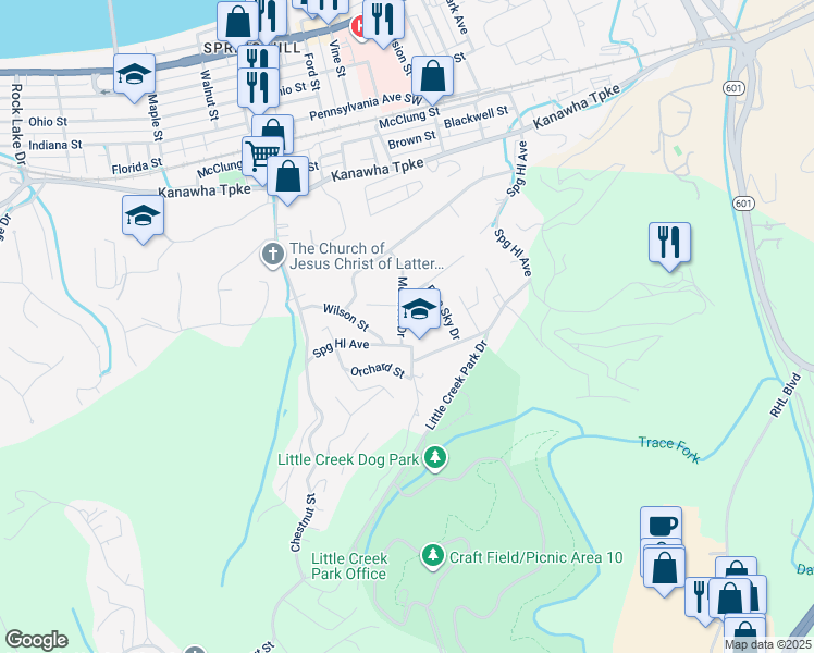 map of restaurants, bars, coffee shops, grocery stores, and more near 928 Meadow Drive in South Charleston