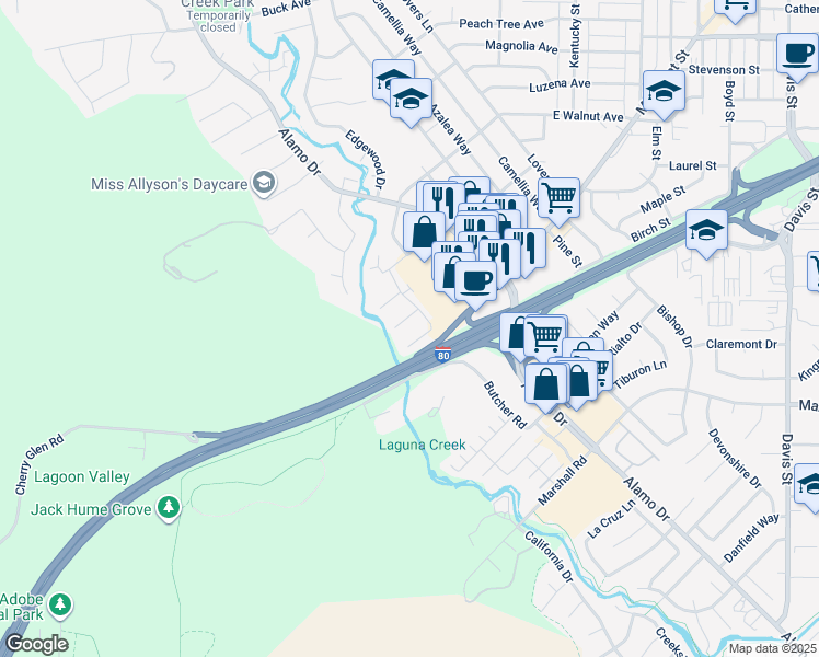map of restaurants, bars, coffee shops, grocery stores, and more near 223 Fairoaks Drive in Vacaville