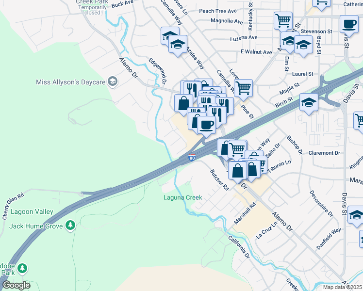 map of restaurants, bars, coffee shops, grocery stores, and more near 223 Fairoaks Drive in Vacaville