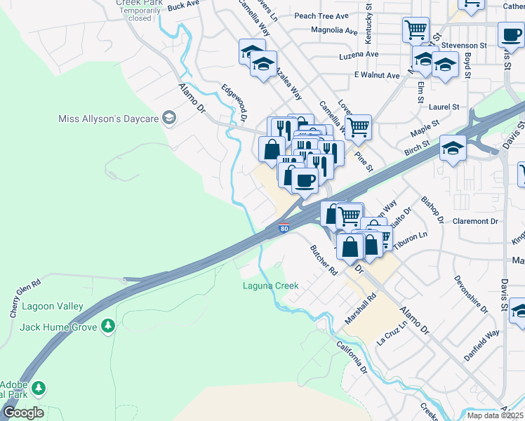 map of restaurants, bars, coffee shops, grocery stores, and more near 223 Fairoaks Drive in Vacaville