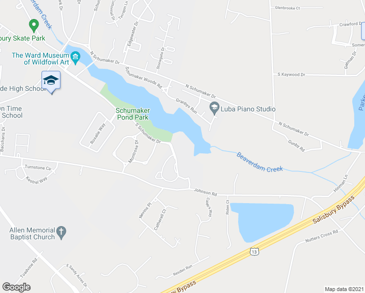 map of restaurants, bars, coffee shops, grocery stores, and more near 1107 South Schumaker Drive in Salisbury