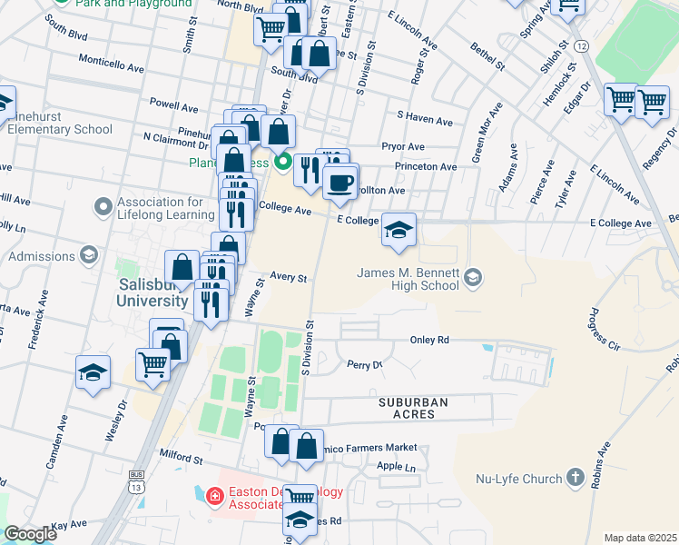 map of restaurants, bars, coffee shops, grocery stores, and more near 1119 South Division Street in Salisbury
