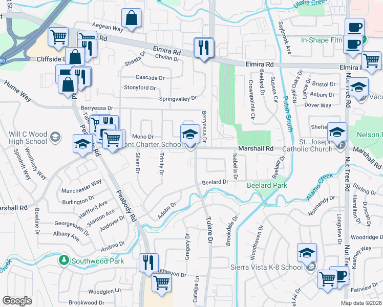 map of restaurants, bars, coffee shops, grocery stores, and more near 1373 Marshall Road in Vacaville
