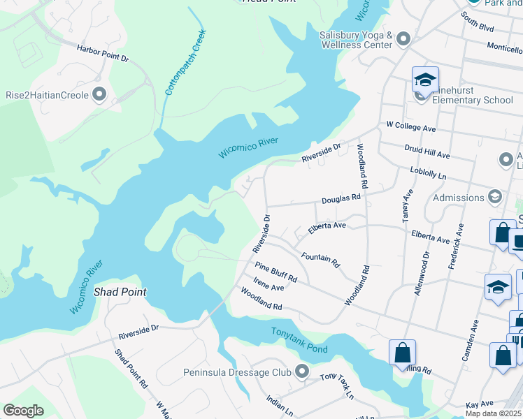 map of restaurants, bars, coffee shops, grocery stores, and more near 1202 Riverside Drive in Salisbury