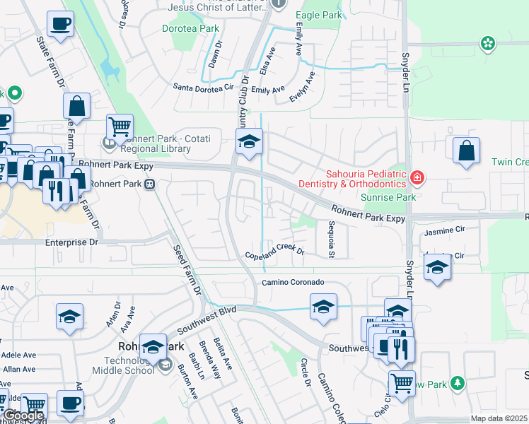 map of restaurants, bars, coffee shops, grocery stores, and more near 6 Creekwood Square in Rohnert Park