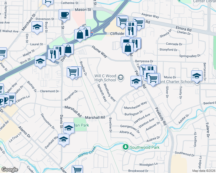 map of restaurants, bars, coffee shops, grocery stores, and more near 331 Weatherly Way in Vacaville