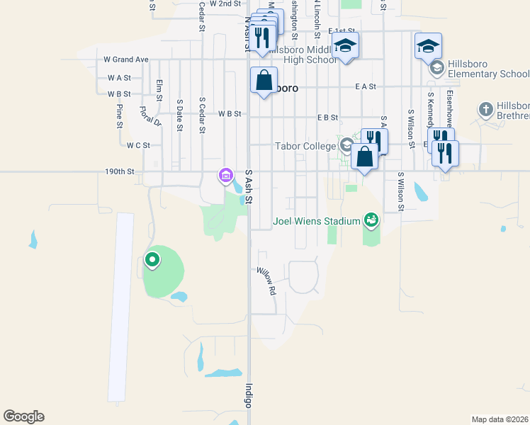 map of restaurants, bars, coffee shops, grocery stores, and more near 656-798 S Main St in Hillsboro