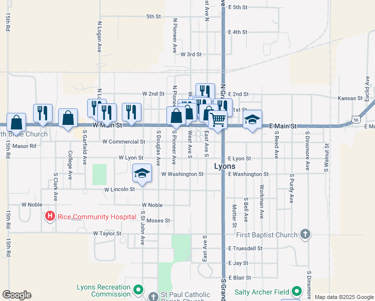 map of restaurants, bars, coffee shops, grocery stores, and more near 215 West Ave South in Lyons