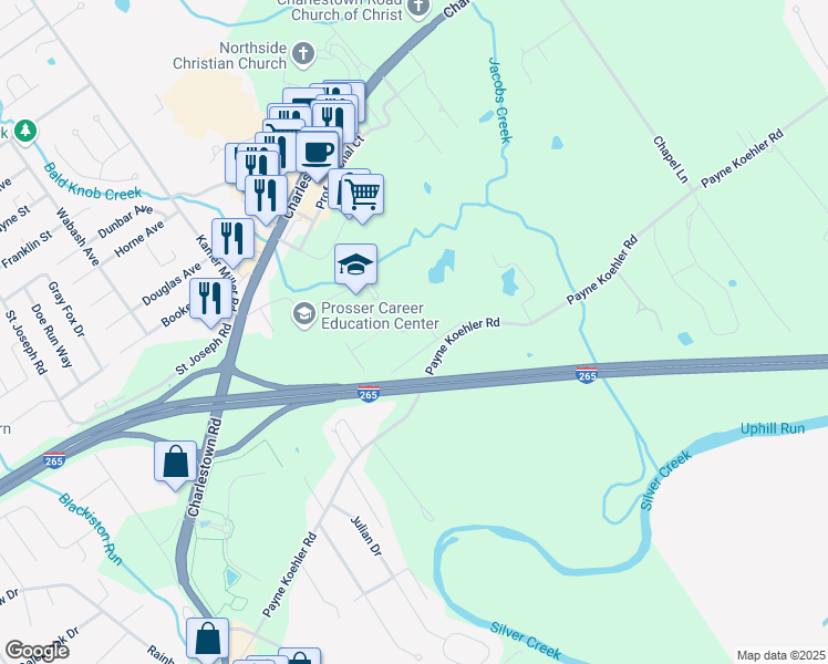 map of restaurants, bars, coffee shops, grocery stores, and more near 4004 Fields Lane in New Albany