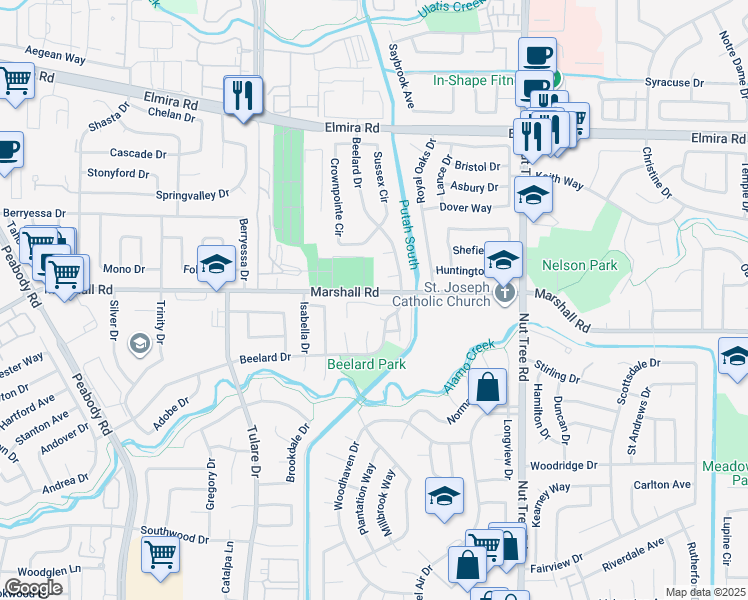 map of restaurants, bars, coffee shops, grocery stores, and more near 1043 Amber Ridge Lane in Vacaville