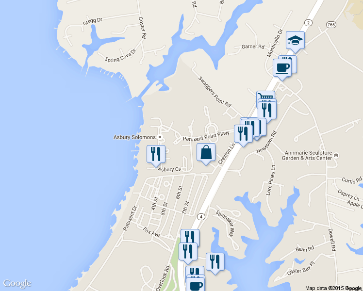 map of restaurants, bars, coffee shops, grocery stores, and more near Asbury Circle in Solomons