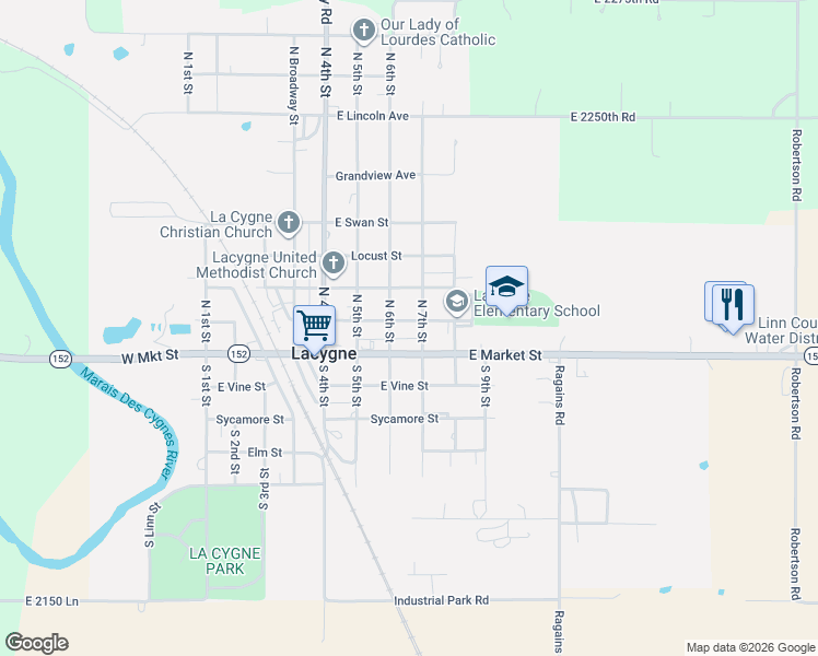 map of restaurants, bars, coffee shops, grocery stores, and more near 613 East Walnut Street in LaCygne