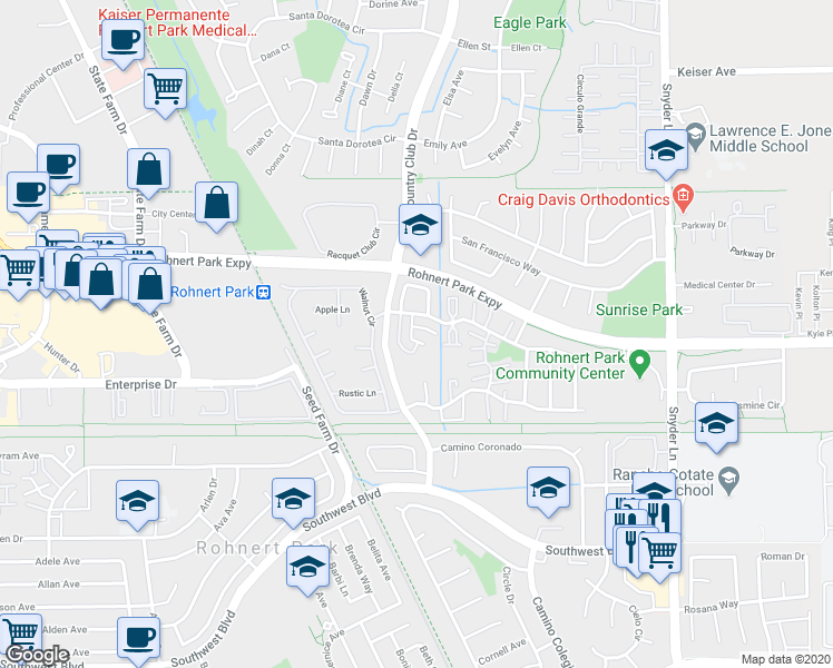 map of restaurants, bars, coffee shops, grocery stores, and more near 910 Kirsten Court in Rohnert Park