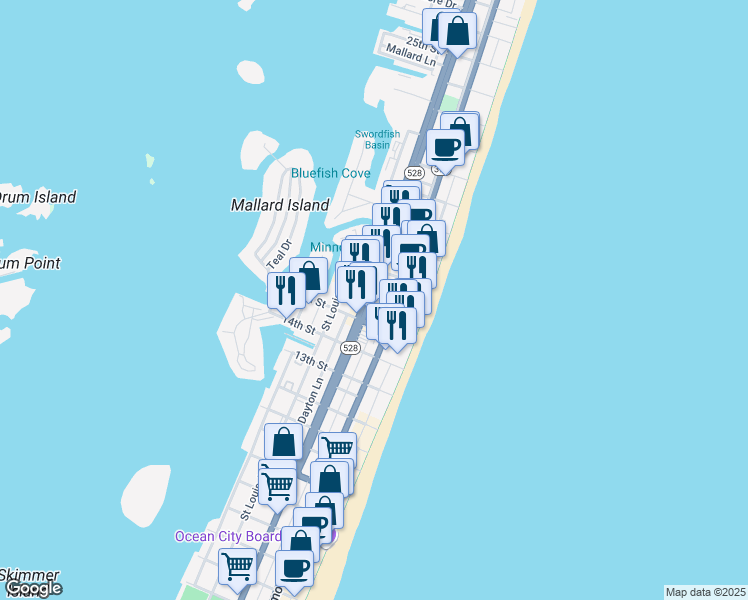 map of restaurants, bars, coffee shops, grocery stores, and more near in Ocean City