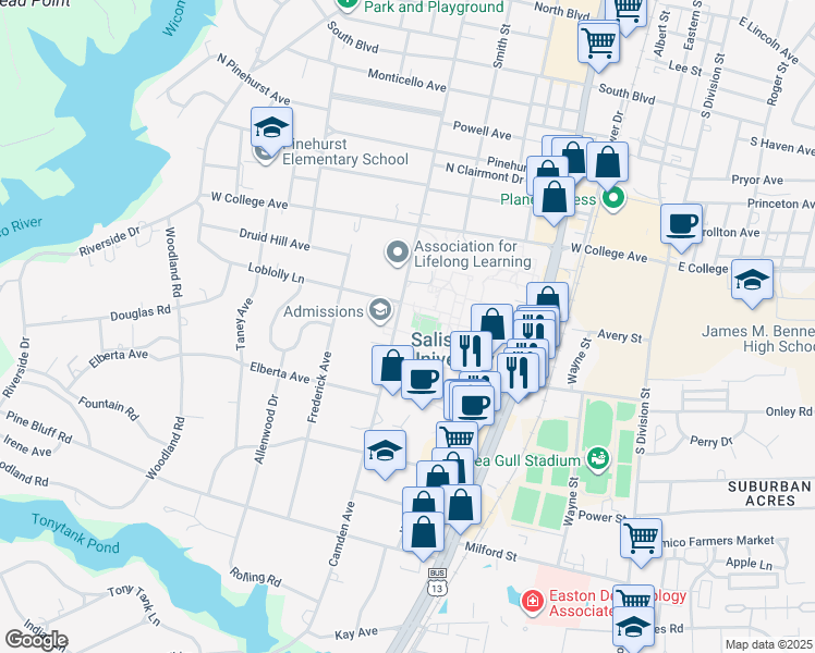 map of restaurants, bars, coffee shops, grocery stores, and more near 1101 Camden Avenue in Salisbury